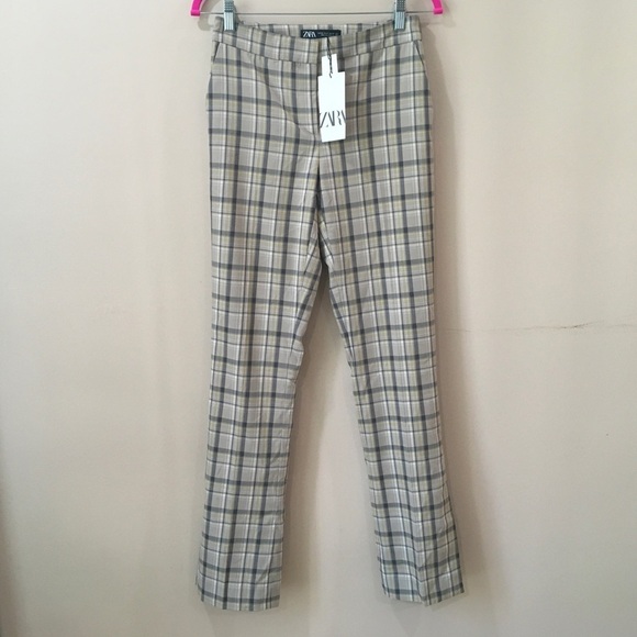 Zara flare pants Checked Plaid Trouser Beige Mid Rise size Xs new - Picture 3 of 10